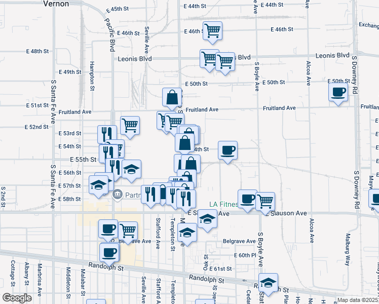 map of restaurants, bars, coffee shops, grocery stores, and more near 5615 S Soto St in Vernon