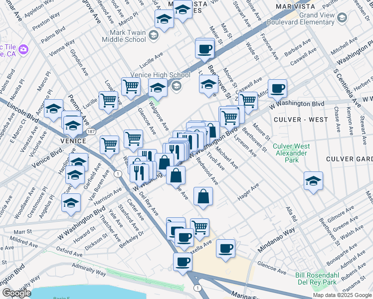map of restaurants, bars, coffee shops, grocery stores, and more near 3949 Redwood Avenue in Los Angeles