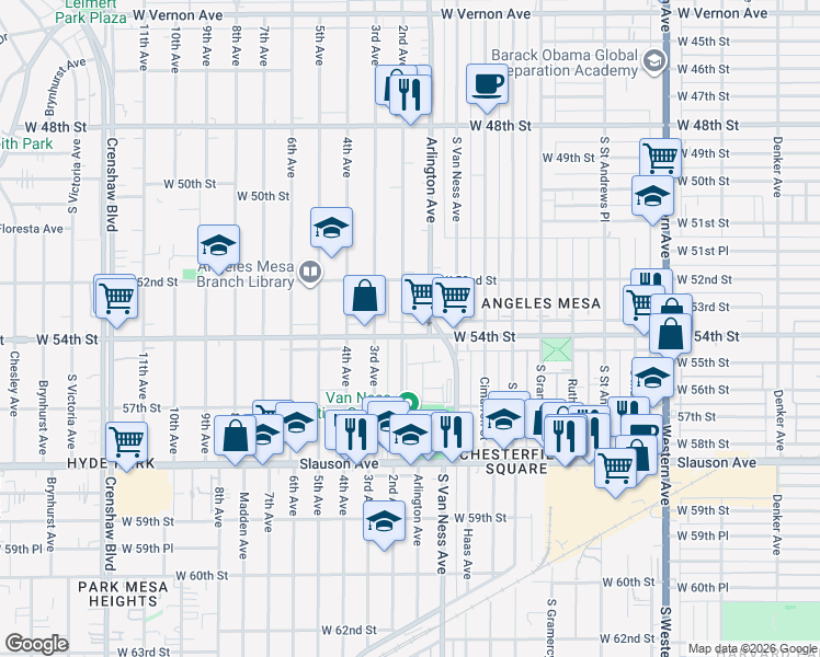 map of restaurants, bars, coffee shops, grocery stores, and more near 2307 West 54th Street in Los Angeles