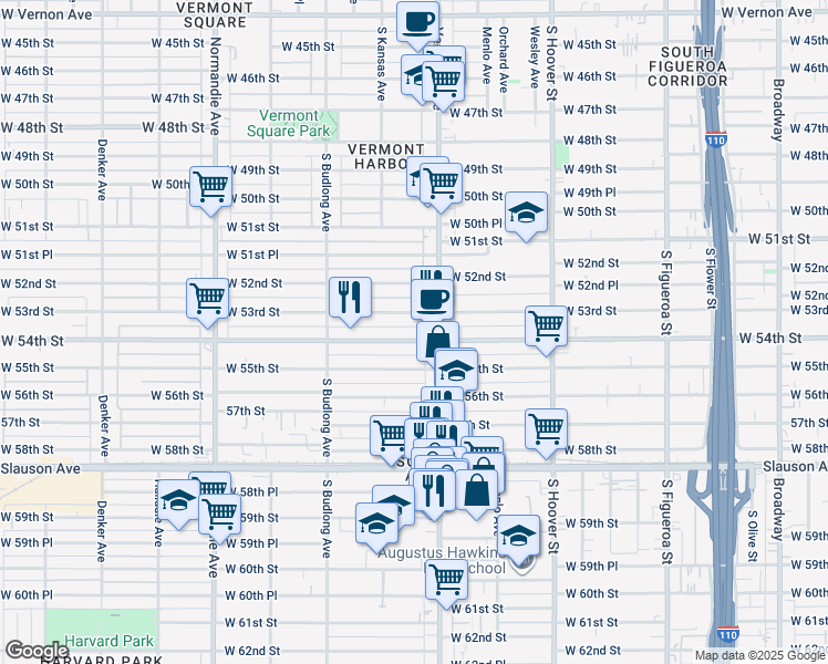 map of restaurants, bars, coffee shops, grocery stores, and more near 1040 West 54th Street in Los Angeles