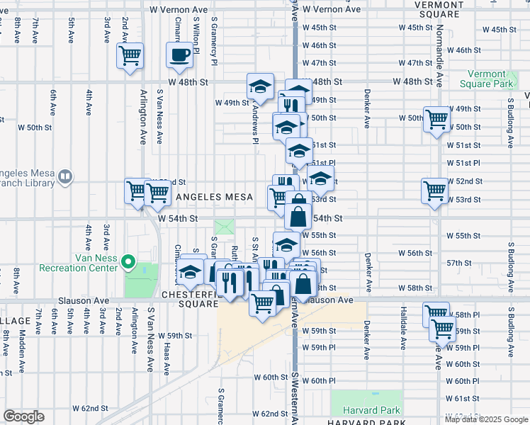 map of restaurants, bars, coffee shops, grocery stores, and more near 1872 West 54th Street in Los Angeles