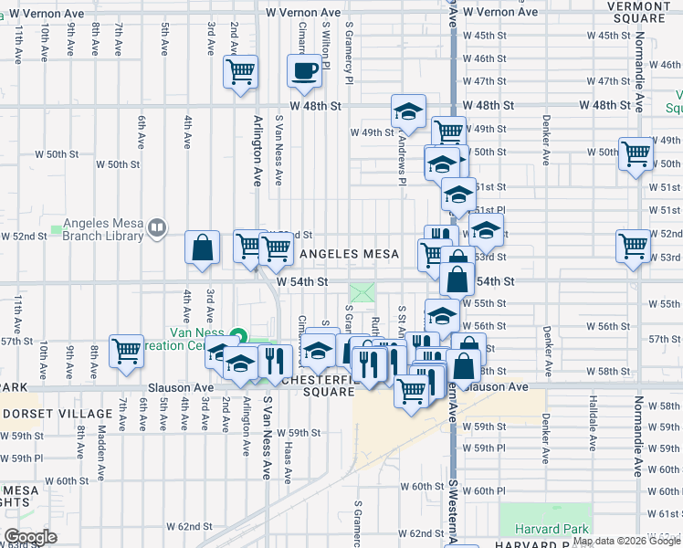 map of restaurants, bars, coffee shops, grocery stores, and more near 2000 West 54th Street in Los Angeles