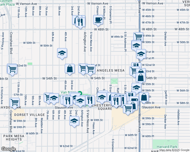 map of restaurants, bars, coffee shops, grocery stores, and more near 2134 West 54th Street in Los Angeles