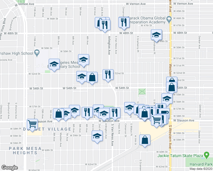 map of restaurants, bars, coffee shops, grocery stores, and more near 2307 West 54th Street in Los Angeles