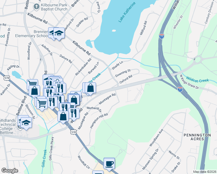 map of restaurants, bars, coffee shops, grocery stores, and more near 4484 Wildcat Road in Columbia