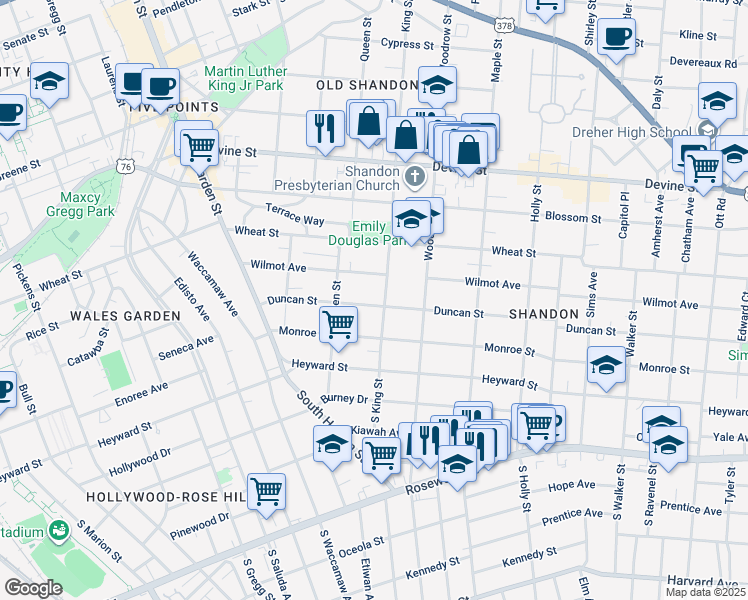 map of restaurants, bars, coffee shops, grocery stores, and more near 230 King Street in Columbia