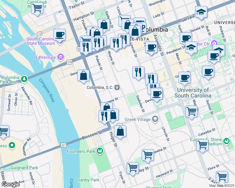 map of restaurants, bars, coffee shops, grocery stores, and more near 790 Huger Street in Columbia
