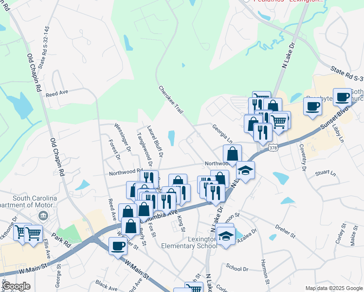 map of restaurants, bars, coffee shops, grocery stores, and more near 515 Northwood Road in Lexington