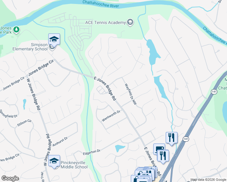 map of restaurants, bars, coffee shops, grocery stores, and more near 4264 Whitewater Court in Norcross