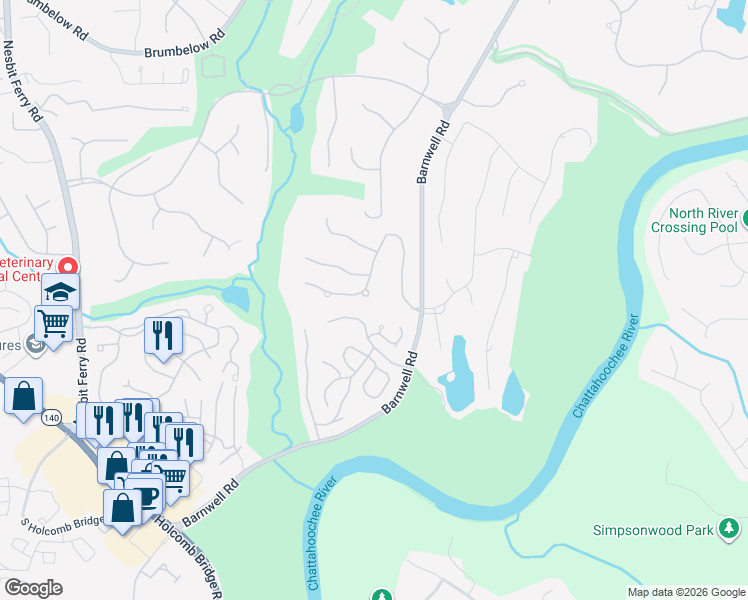map of restaurants, bars, coffee shops, grocery stores, and more near 160 Fairway Ridge Drive in Alpharetta