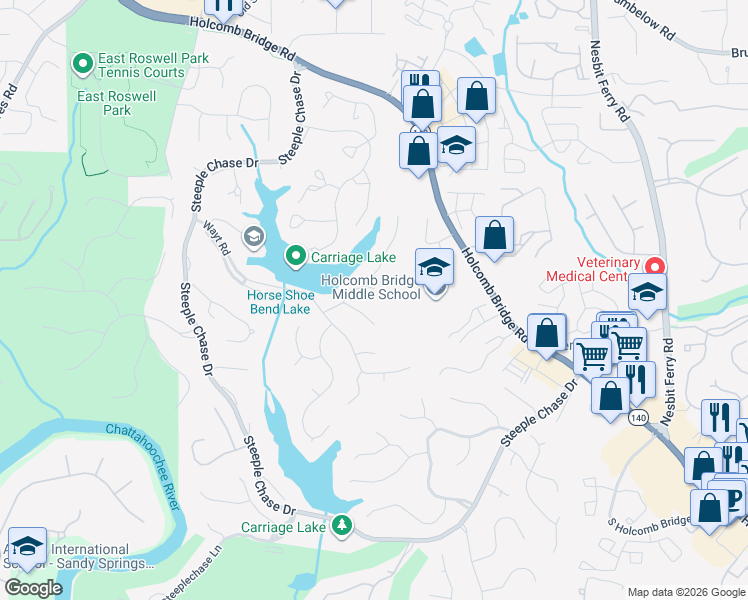 map of restaurants, bars, coffee shops, grocery stores, and more near 415 Woodvine Court in Roswell