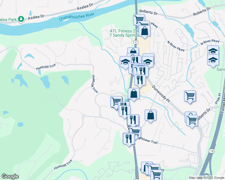 map of restaurants, bars, coffee shops, grocery stores, and more near 1052 Huntcliff Northeast in Atlanta
