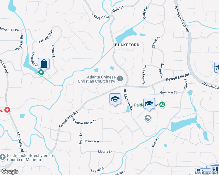 map of restaurants, bars, coffee shops, grocery stores, and more near 3605 Sewell Mill Road in Marietta
