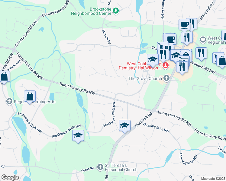 map of restaurants, bars, coffee shops, grocery stores, and more near 5702 Brynwood Circle in Acworth