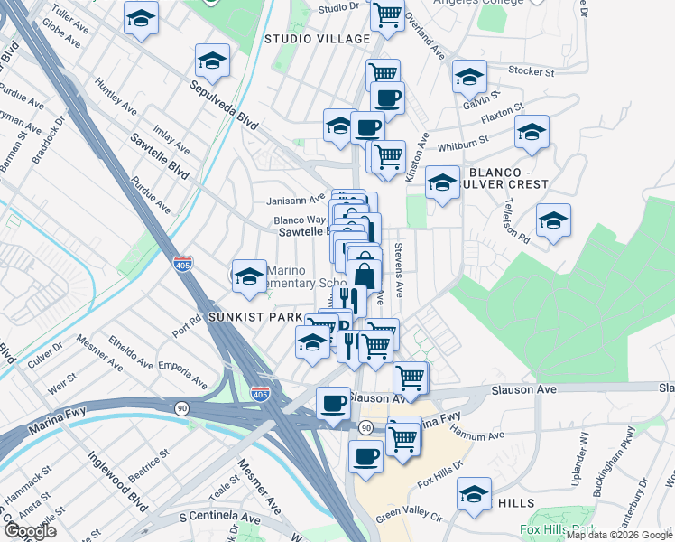 map of restaurants, bars, coffee shops, grocery stores, and more near 11270 Segrell Way in Culver City