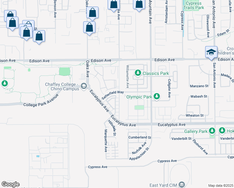 map of restaurants, bars, coffee shops, grocery stores, and more near 6081 Satterfield Way in Chino