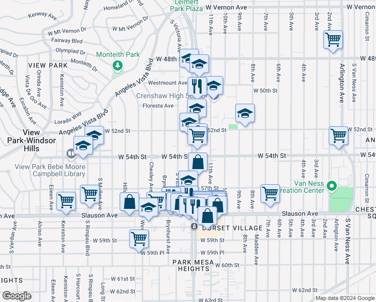 map of restaurants, bars, coffee shops, grocery stores, and more near 5349 Crenshaw Boulevard in Los Angeles