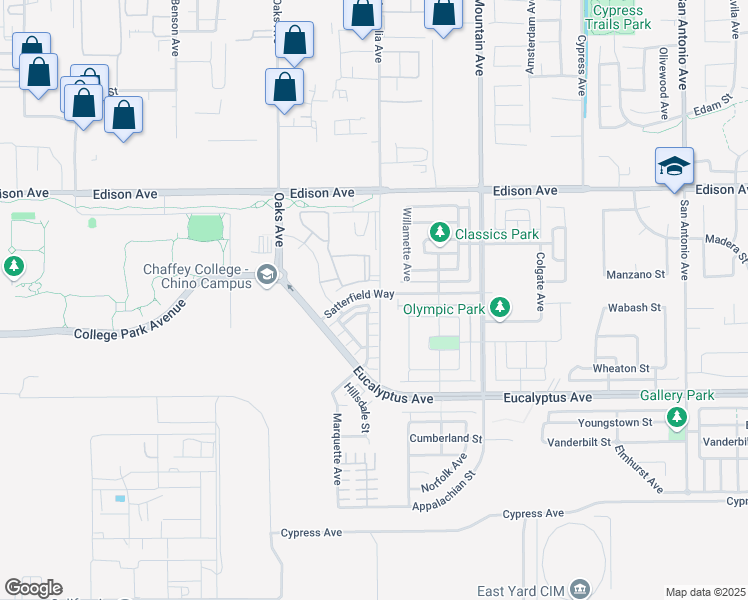 map of restaurants, bars, coffee shops, grocery stores, and more near 6081 Satterfield Way in Chino