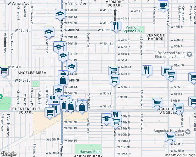 map of restaurants, bars, coffee shops, grocery stores, and more near 1519 West 54th Street in Los Angeles