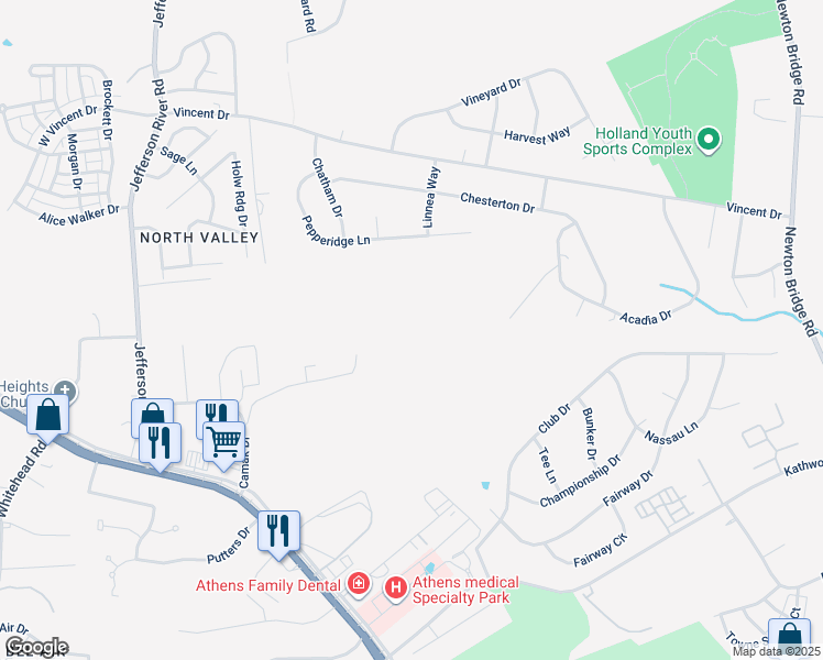 map of restaurants, bars, coffee shops, grocery stores, and more near 178 Pepperidge Lane in Athens
