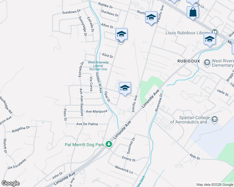 map of restaurants, bars, coffee shops, grocery stores, and more near 6220 45th Street in Riverside
