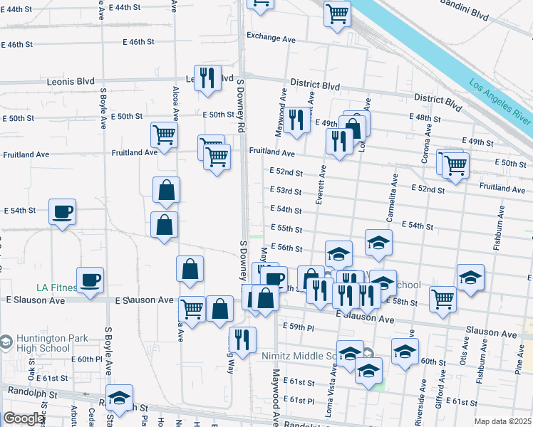 map of restaurants, bars, coffee shops, grocery stores, and more near 3500 East 54th Street in Maywood