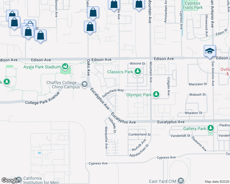 map of restaurants, bars, coffee shops, grocery stores, and more near 6069 Satterfield Way in Chino