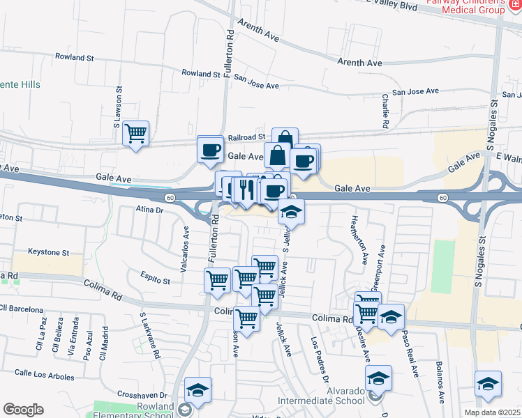 map of restaurants, bars, coffee shops, grocery stores, and more near 1370 Fullerton Road in Rowland Heights