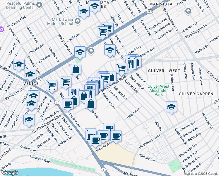 map of restaurants, bars, coffee shops, grocery stores, and more near 4017 Tivoli Avenue in Los Angeles