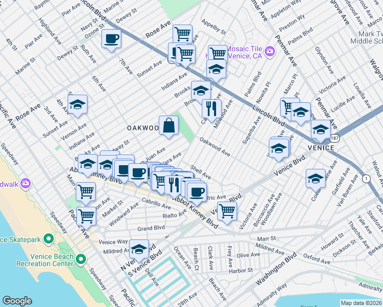 map of restaurants, bars, coffee shops, grocery stores, and more near 724 California Avenue in Los Angeles