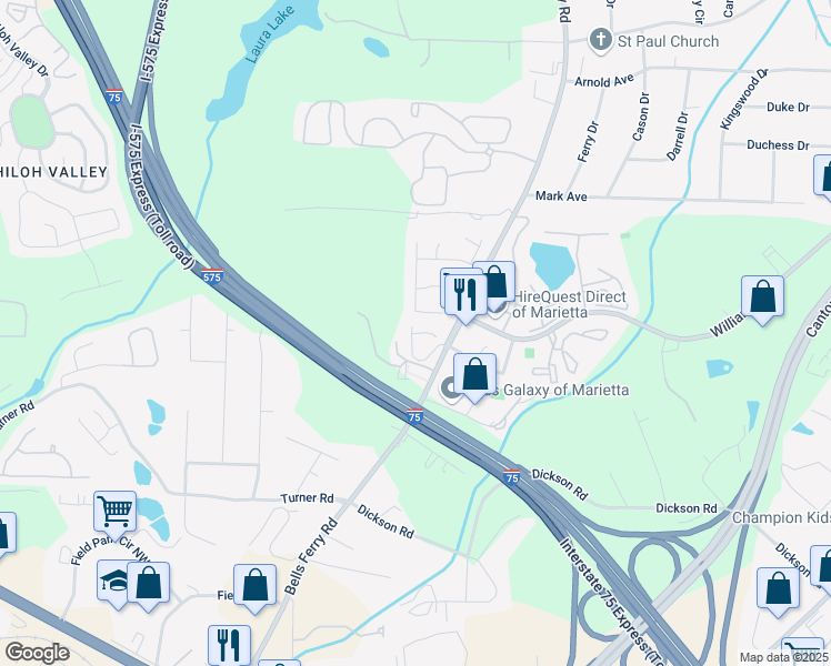 map of restaurants, bars, coffee shops, grocery stores, and more near 1385 Vayda Court in Marietta