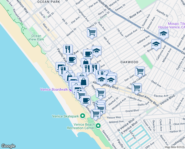map of restaurants, bars, coffee shops, grocery stores, and more near 800 Hampton Drive in Los Angeles