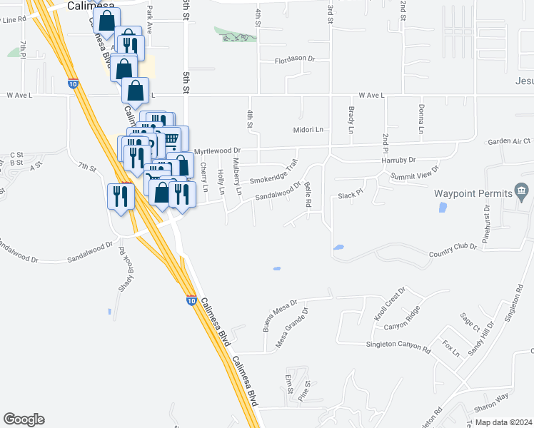 map of restaurants, bars, coffee shops, grocery stores, and more near 1270 Nugget Court in Calimesa
