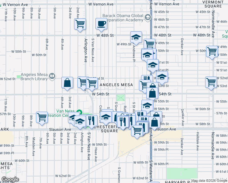 map of restaurants, bars, coffee shops, grocery stores, and more near 2000 West 54th Street in Los Angeles