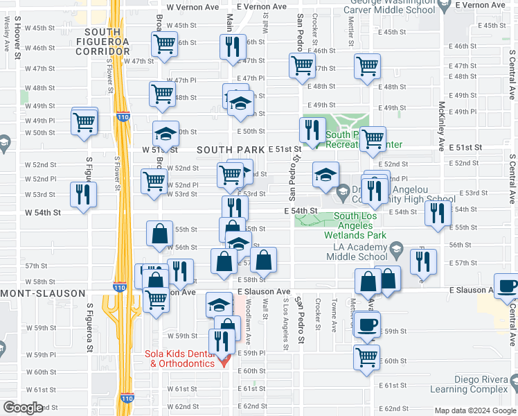 map of restaurants, bars, coffee shops, grocery stores, and more near 151 East 54th Street in Los Angeles