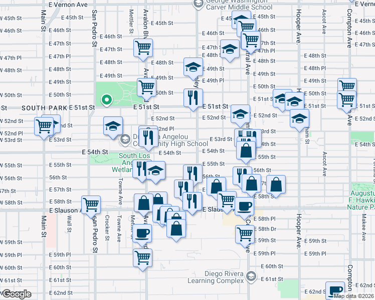 map of restaurants, bars, coffee shops, grocery stores, and more near 762 East 54th Street in Los Angeles