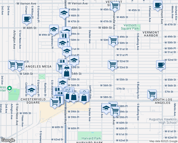 map of restaurants, bars, coffee shops, grocery stores, and more near 5321 Denker Avenue in Los Angeles