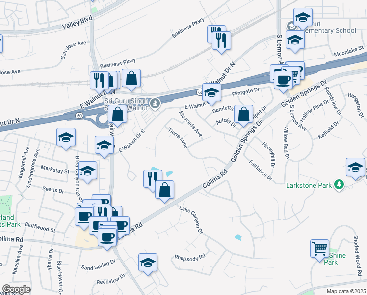 map of restaurants, bars, coffee shops, grocery stores, and more near 1135 Tierra Luna in Walnut
