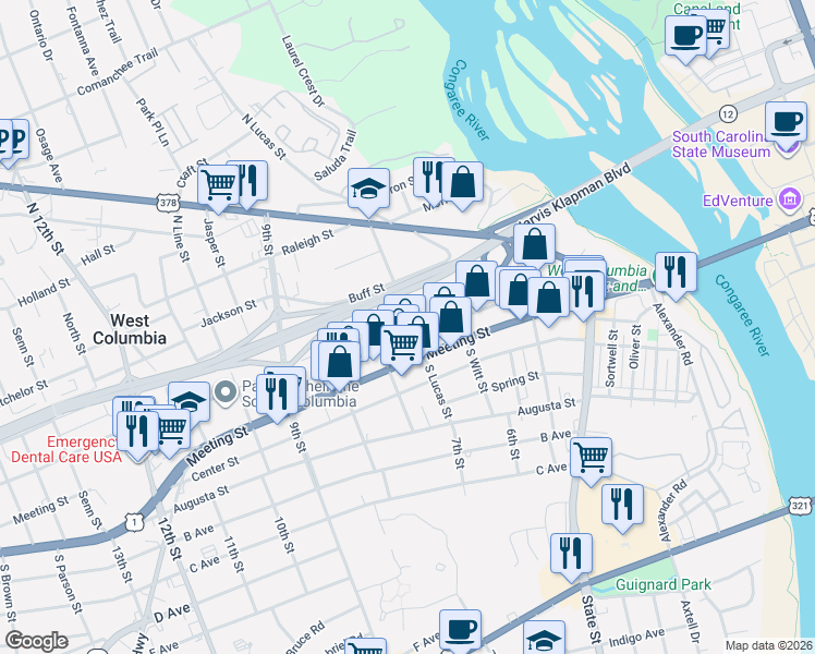 map of restaurants, bars, coffee shops, grocery stores, and more near 700 Meeting Street in West Columbia