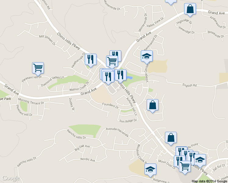 map of restaurants, bars, coffee shops, grocery stores, and more near 14260 Chino Hills Parkway in Chino Hills