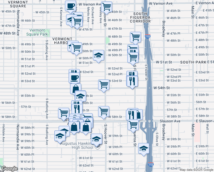 map of restaurants, bars, coffee shops, grocery stores, and more near 5404 South Hoover Street in Los Angeles