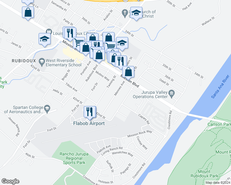 map of restaurants, bars, coffee shops, grocery stores, and more near 3935 Mennes Avenue in Riverside