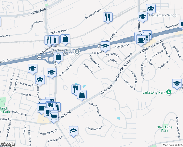 map of restaurants, bars, coffee shops, grocery stores, and more near 1135 Tierra Luna in Walnut