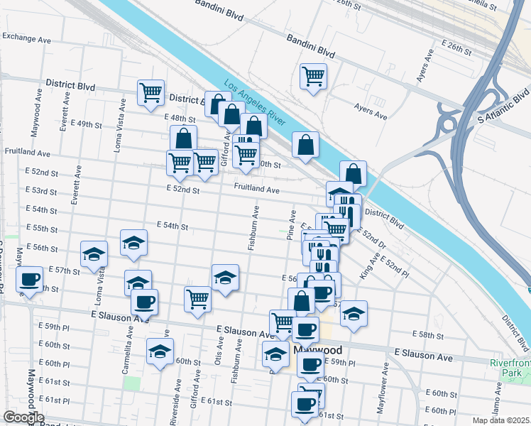 map of restaurants, bars, coffee shops, grocery stores, and more near 4328 East 53rd Street in Maywood