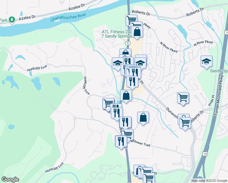 map of restaurants, bars, coffee shops, grocery stores, and more near 8652 Roswell Road Northeast in Sandy Springs
