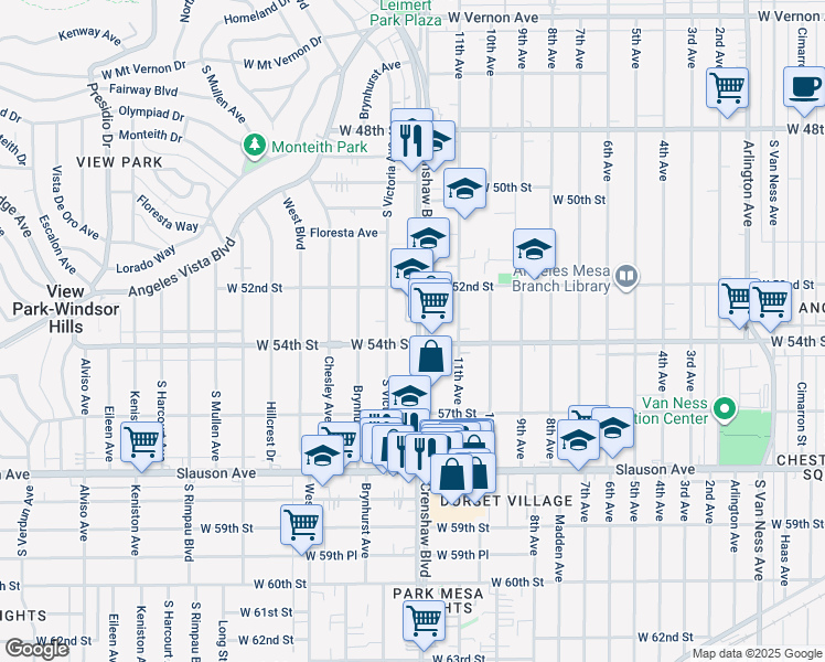 map of restaurants, bars, coffee shops, grocery stores, and more near 5349 Crenshaw Boulevard in Los Angeles