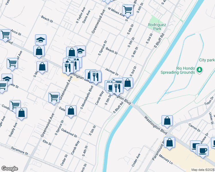 map of restaurants, bars, coffee shops, grocery stores, and more near 524 Washington Boulevard in Montebello