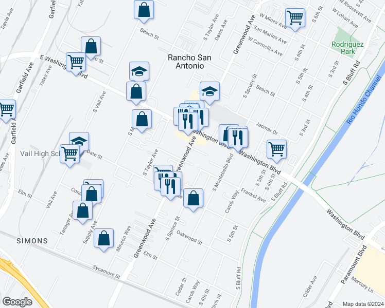 map of restaurants, bars, coffee shops, grocery stores, and more near 1040 South Greenwood Avenue in Montebello