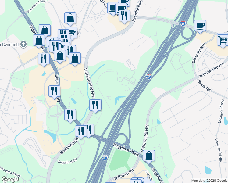 map of restaurants, bars, coffee shops, grocery stores, and more near 1800 Satellite Boulevard in Duluth