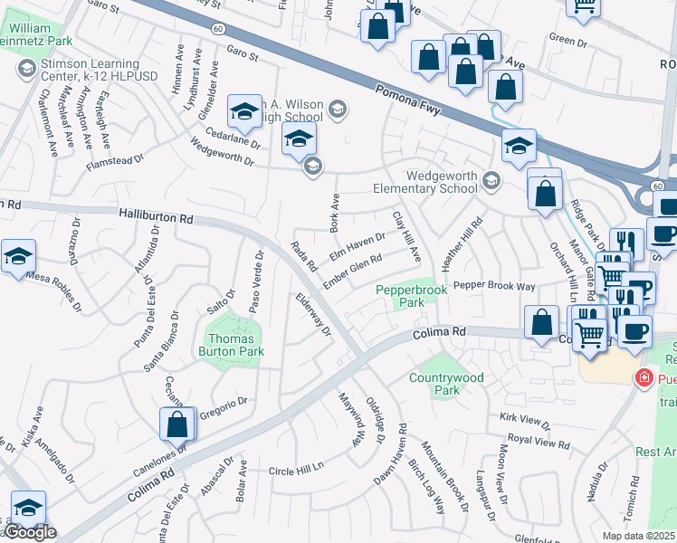 map of restaurants, bars, coffee shops, grocery stores, and more near 16429 Ember Glen Road in Hacienda Heights
